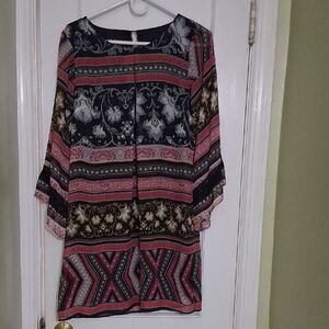 A. Byer Black Tunic Top with Pink and Grey Pattern